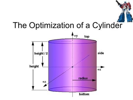 The Optimization of a Cylinder. Remember: Instead of being asked to find the volume of a shape, the more challenging question focuses on determining the.