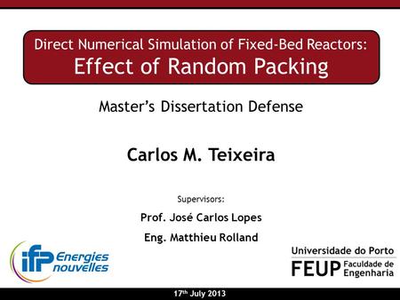 Master’s Dissertation Defense Carlos M. Teixeira Supervisors: Prof. José Carlos Lopes Eng. Matthieu Rolland Direct Numerical Simulation of Fixed-Bed Reactors: