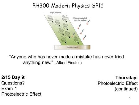 1 PH300 Modern Physics SP11 2/15 Day 9: Questions? Exam 1 Photoelectric Effect Thursday: Photoelectric Effect (continued) “Anyone who has never made a.