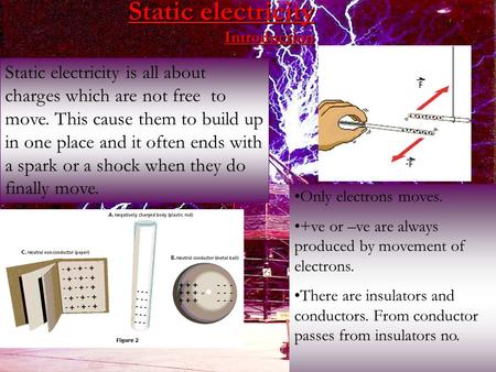 Static electricity Introduction Static electricity is all about charges which are not free to move. This cause them to build up in one place and it often.