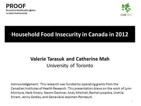 Household Food Insecurity in Canada in 2012 Acknowledgement: This research was funded by operating grants from the Canadian Institutes of Health Research.