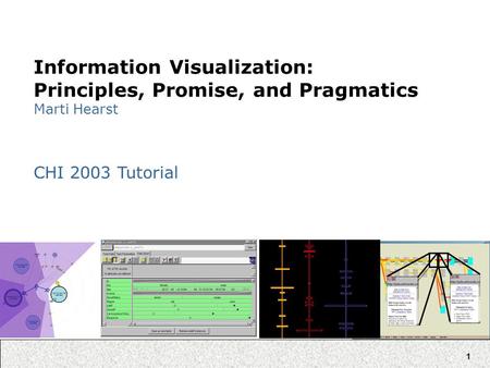 1 Information Visualization: Principles, Promise, and Pragmatics Marti Hearst CHI 2003 Tutorial.