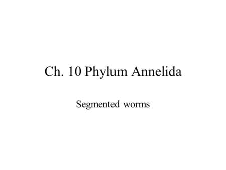 Ch. 10 Phylum Annelida Segmented worms. Segmentation Divisions of body sections. Earthworm has about 100 segments.