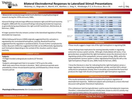 INTRODUCTION Bilateral Electrodermal Responses to Lateralized Stimuli Presentations McGinley, J.J., Magruder, K., Morrill, A.R., Worthen, J., Yang, X.,