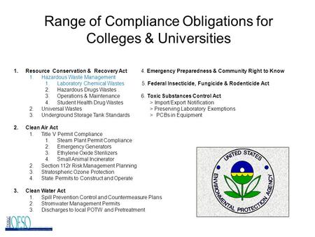 Range of Compliance Obligations for Colleges & Universities 1.Resource Conservation & Recovery Act 4. Emergency Preparedness & Community Right to Know.