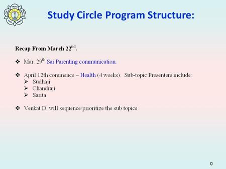 0 Study Circle Program Structure:. 1 2 3 Scenes From Sathya Sai Baba Schools all over the world: Sathya Sai Baba is a world-recognized Educator and.