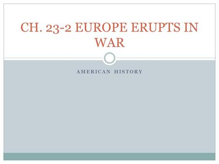 AMERICAN HISTORY CH. 23-2 EUROPE ERUPTS IN WAR. WORLD WAR II STARTS British PM Neville Chamberlain believed his policy of APPEASEMENT (giving into aggressive.