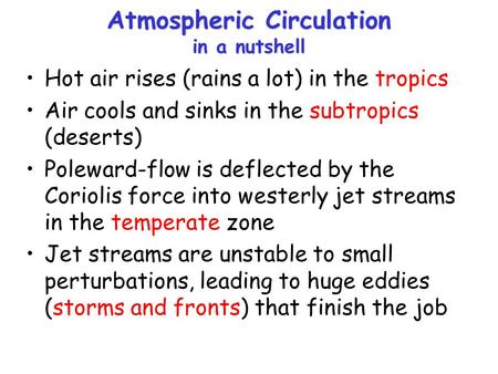 Atmospheric Circulation in a nutshell Hot air rises (rains a lot) in the tropics Air cools and sinks in the subtropics (deserts) Poleward-flow is deflected.