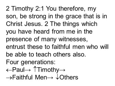 2 Timothy 2:1 You therefore, my son, be strong in the grace that is in Christ Jesus. 2 The things which you have heard from me in the presence of many.