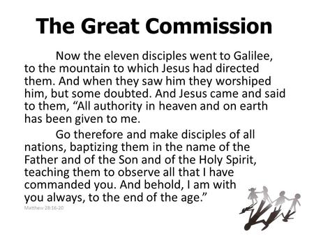 The Great Commission Now the eleven disciples went to Galilee, to the mountain to which Jesus had directed them. And when they saw him they worshiped him,