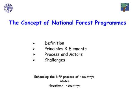 The Concept of National Forest Programmes Enhancing the NFP process of,  Definition  Principles & Elements  Process and Actors  Challenges.