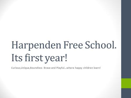 Harpenden Free School. Its first year! Curious,Unique,Boundless Brave and Playful…where happy children learn!