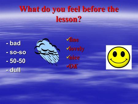 What do you feel before the lesson? - bad - so-so - 50-50 - dull fine fine lovely lovely nice nice OK OK.