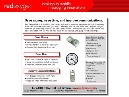 Save money, save time, and improve communications. Red Oxygen makes it simple to save money and time by replacing expensive and time consuming voice calls.