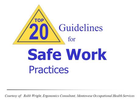 TOP 20 Safe Work Courtesy of: Robb Wright, Ergonomics Consultant, Montowese Occupational Health Services Guidelines for Practices.