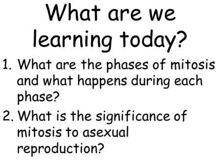 What are we learning today? 1.What are the phases of mitosis and what happens during each phase? 2.What is the significance of mitosis to asexual reproduction?
