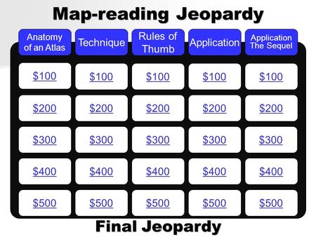 Map-reading Jeopardy Anatomy of an Atlas Technique Rules of Thumb Application Application The Sequel $200 $300 $400 $500 $400 $300 $200 $500 $400 $300.