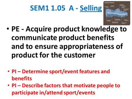 SEM1 1.05 A - Selling PE - Acquire product knowledge to communicate product benefits and to ensure appropriateness of product for the customer PI – Determine.