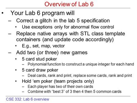 CSE 332: Lab 6 overview Overview of Lab 6 Your Lab 6 program will –Correct a glitch in the lab 5 specification Use exceptions only for abnormal flow control.