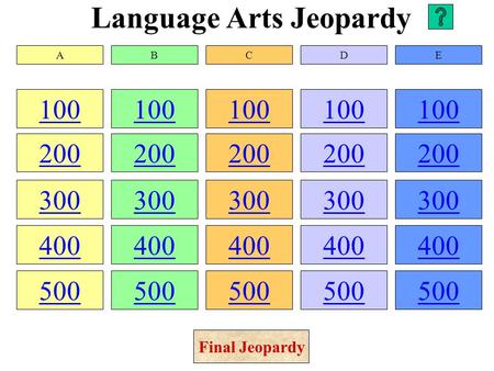 Language Arts Jeopardy 100 200 300 400 500 100 200 300 400 500 100 200 300 400 500 100 200 300 400 500 100 200 300 400 500 ABCDE Final Jeopardy.
