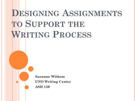 D ESIGNING A SSIGNMENTS TO S UPPORT THE W RITING P ROCESS Suzanne Withem UNO Writing Center ASH 150.
