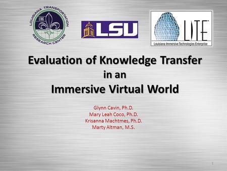 Evaluation of Knowledge Transfer in an Immersive Virtual World Glynn Cavin, Ph.D. Mary Leah Coco, Ph.D. Krisanna Machtmes, Ph.D. Marty Altman, M.S. 1.