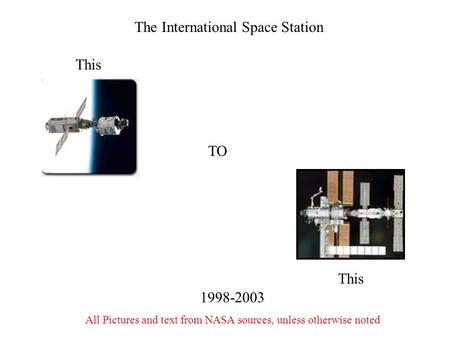 The International Space Station TO This 1998-2003 All Pictures and text from NASA sources, unless otherwise noted.
