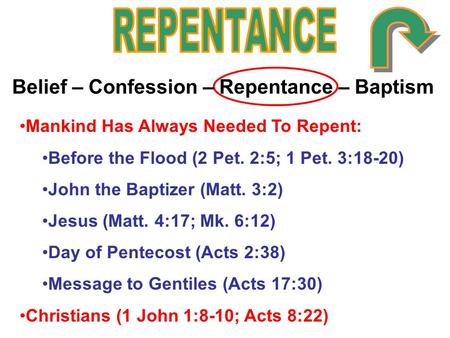 Belief – Confession – Repentance – Baptism Mankind Has Always Needed To Repent: Before the Flood (2 Pet. 2:5; 1 Pet. 3:18-20) John the Baptizer (Matt.