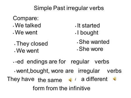 Simple Past irregular verbs Compare: We talked We went It started I bought They closed We went She wanted She wore -ed endings are forregular verbs went,bought,