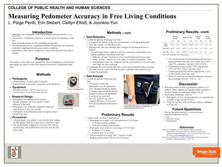 V v Measuring Pedometer Accuracy in Free Living Conditions L. Paige Perilli, Erin Siebert, Caitlyn Elliott, & Joonkoo Yun COLLEGE OF PUBLIC HEALTH AND.
