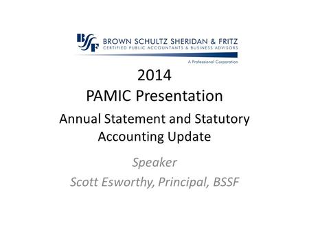 2014 PAMIC Presentation Annual Statement and Statutory Accounting Update Speaker Scott Esworthy, Principal, BSSF.