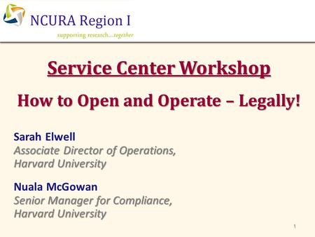 Service Center Workshop How to Open and Operate – Legally! 111 Sarah Elwell Associate Director of Operations, Harvard University Nuala McGowan Senior Manager.