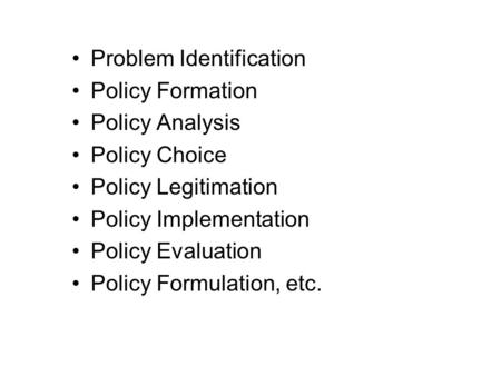 Problem Identification Policy Formation Policy Analysis Policy Choice Policy Legitimation Policy Implementation Policy Evaluation Policy Formulation, etc.