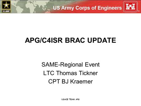 USACE TEAM APG APG/C4ISR BRAC UPDATE SAME-Regional Event LTC Thomas Tickner CPT BJ Kraemer.