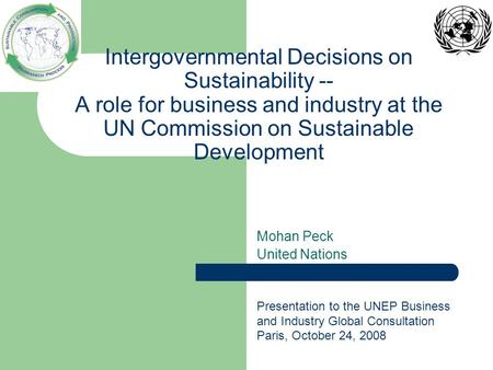 Intergovernmental Decisions on Sustainability -- A role for business and industry at the UN Commission on Sustainable Development Mohan Peck United Nations.
