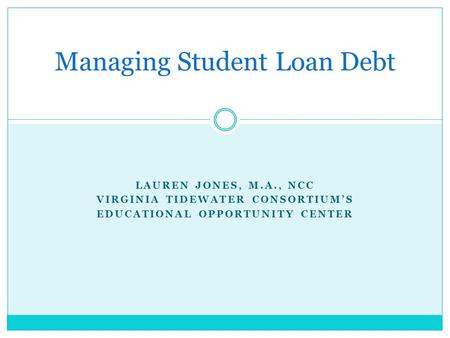 LAUREN JONES, M.A., NCC VIRGINIA TIDEWATER CONSORTIUM’S EDUCATIONAL OPPORTUNITY CENTER Managing Student Loan Debt.