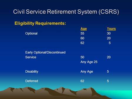 Civil Service Retirement System (CSRS) Eligibility Requirements: AgeYears Optional5530 6020 62 5 Early Optional/Discontinued Service5020 Any Age25 DisabilityAny.