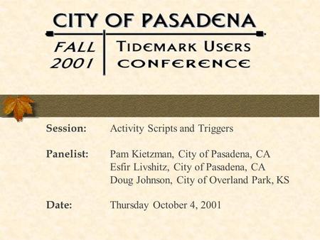 Session: Activity Scripts and Triggers Panelist: Pam Kietzman, City of Pasadena, CA Esfir Livshitz, City of Pasadena, CA Doug Johnson, City of Overland.