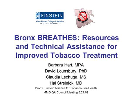 Bronx BREATHES: Resources and Technical Assistance for Improved Tobacco Treatment Barbara Hart, MPA David Lounsbury, PhD Claudia Lechuga, MS Hal Strelnick,