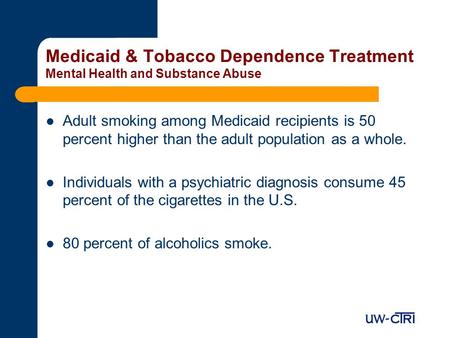 Medicaid & Tobacco Dependence Treatment Mental Health and Substance Abuse Adult smoking among Medicaid recipients is 50 percent higher than the adult population.