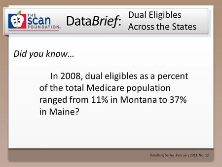 DataBrief: Did you know… DataBrief Series ● February 2011 ● No. 12 Dual Eligibles Across the States In 2008, dual eligibles as a percent of the total Medicare.