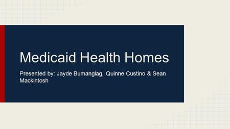 Medicaid Health Homes Presented by: Jayde Bumanglag, Quinne Custino & Sean Mackintosh.