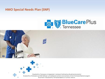 HMO Special Needs Plan (SNP) BlueCare Plus Tennessee, an Independent Licensee of the BlueCross BlueShield Association BlueCare Plus Tennessee is an HMO.