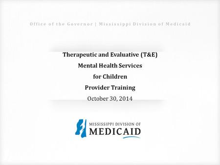 Therapeutic and Evaluative (T&E) Mental Health Services for Children Provider Training October 30, 2014 Office of the Governor | Mississippi Division of.