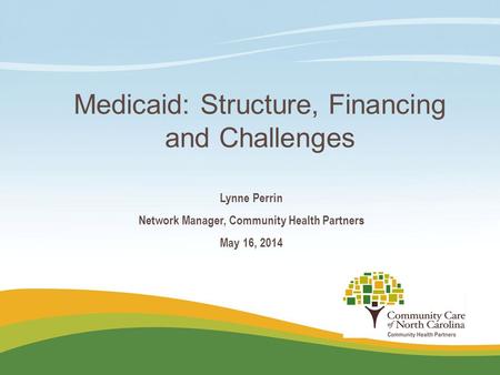 Place logo here Place logo here Medicaid: Structure, Financing and Challenges Lynne Perrin Network Manager, Community Health Partners May 16, 2014.