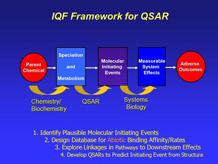 IQF Framework for QSAR 1. Identify Plausible Molecular Initiating Events 2. Design Database for Abiotic Binding Affinity/Rates 3. Explore Linkages in Pathways.