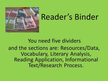 Reader’s Binder You need five dividers and the sections are: Resources/Data, Vocabulary, Literary Analysis, Reading Application, Informational Text/Research.
