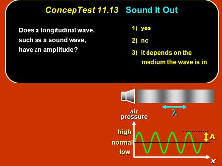 1) yes 2) no 3) it depends on the medium the wave is in ConcepTest 11.13Sound It Out ConcepTest 11.13 Sound It Out Does a longitudinal wave, such as a.