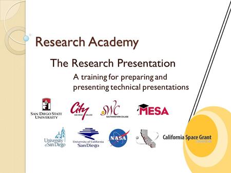 Research Academy The Research Presentation A training for preparing and presenting technical presentations.