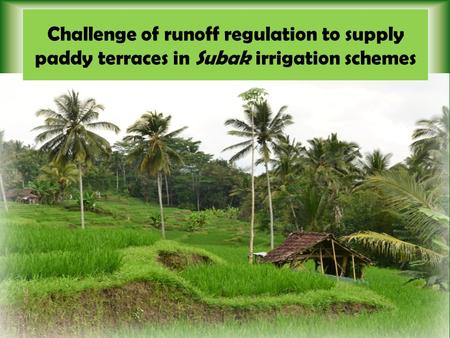 Challenge of runoff regulation to supply paddy terraces in Subak irrigation schemes.
